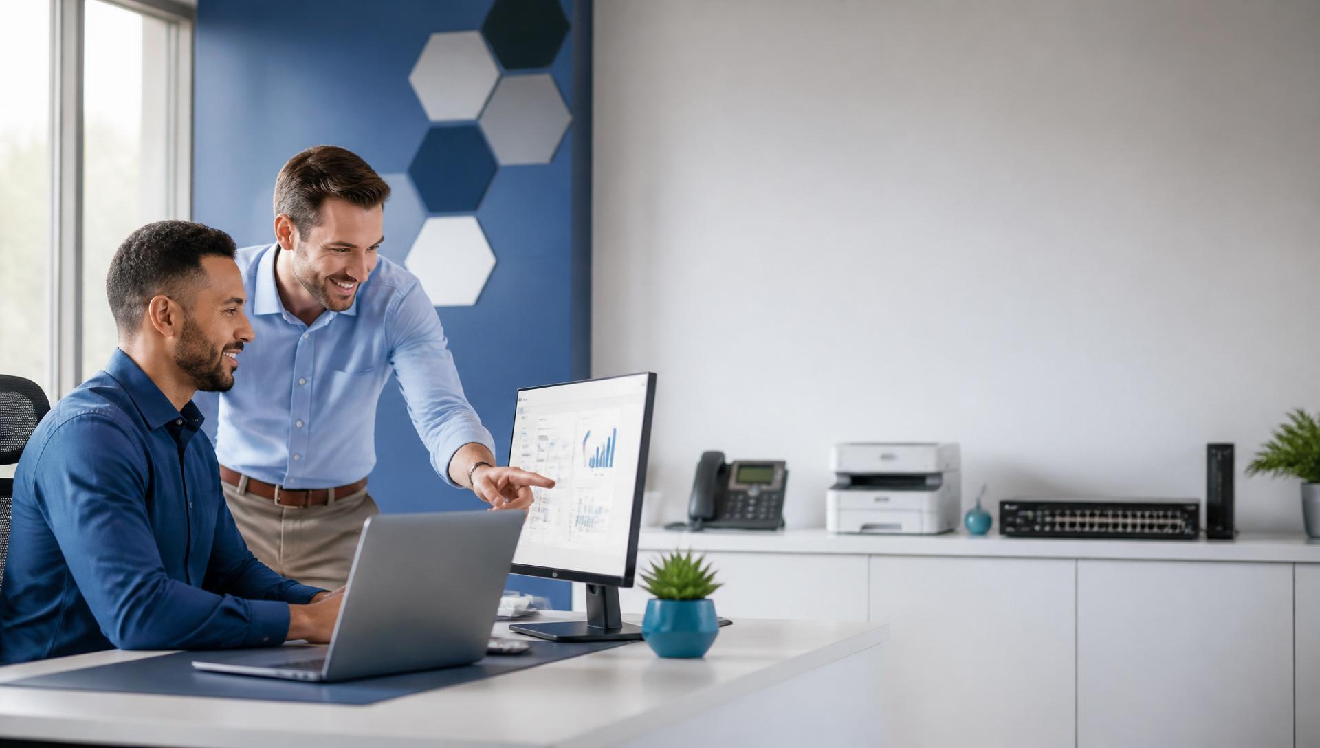 A professional technology consultant helping a small-business client at a workstation